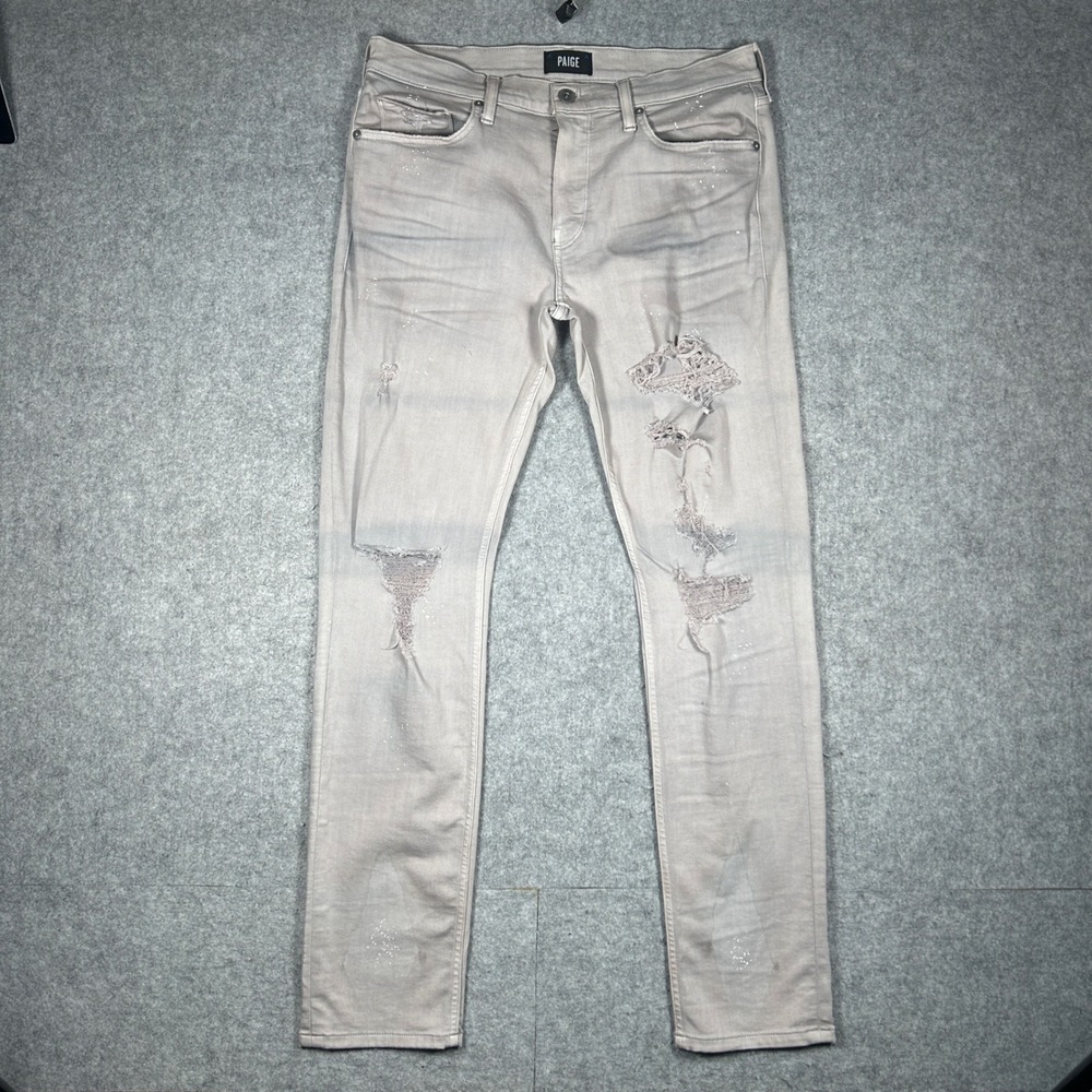 PAIGE Denim Jeans Mens 33 Gray Lennox Slim Fit‎ Distressed Paint Splatter